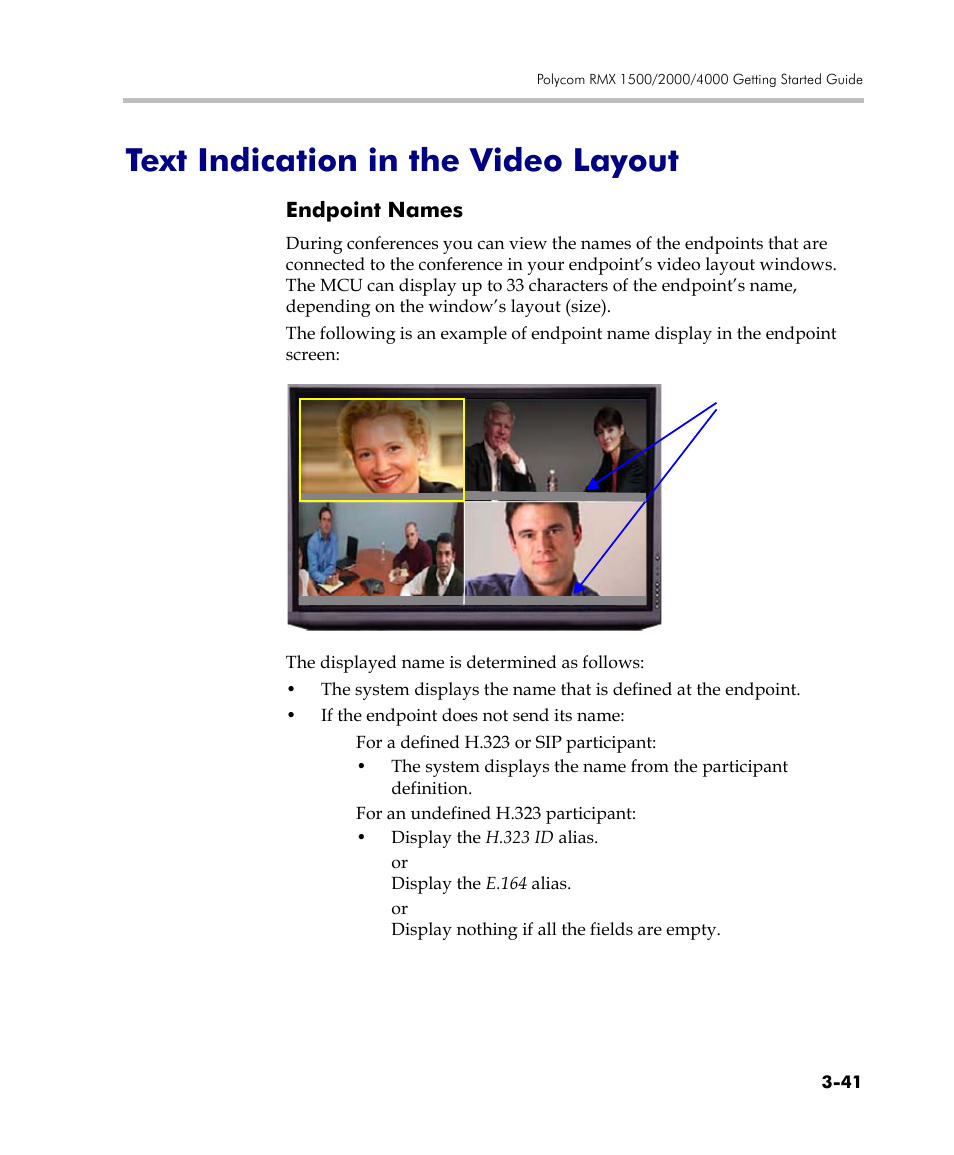 Text indication in the video layout, Endpoint names, Text indication in the video layout -41 | Endpoint names -41 | Polycom DOC2560C User Manual | Page 119 / 188