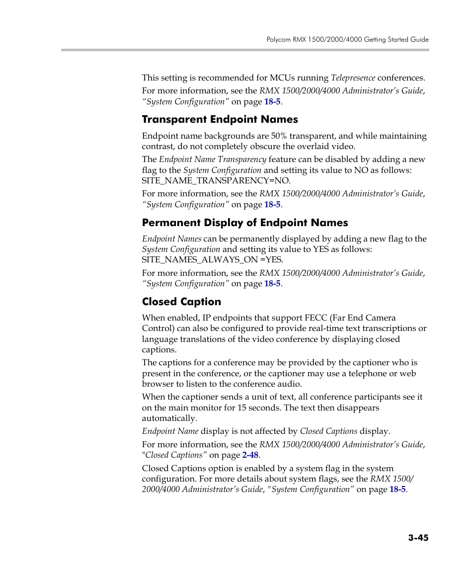 Transparent endpoint names, Permanent display of endpoint names, Closed caption | Polycom DOC2560C User Manual | Page 123 / 188