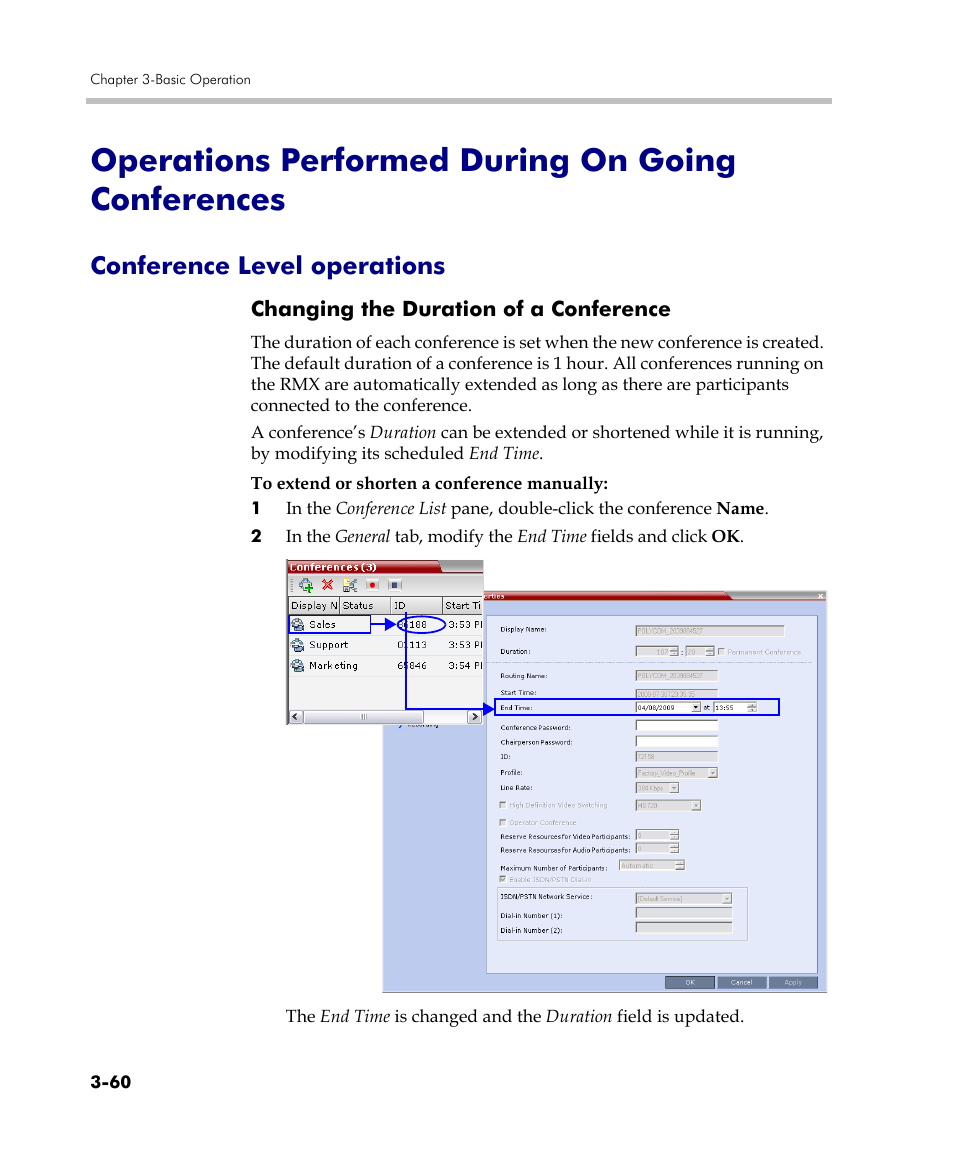 Operations performed during on going conferences, Conference level operations, Changing the duration of a conference | Conference level operations -60, Changing the duration of a conference -60 | Polycom DOC2560C User Manual | Page 138 / 188