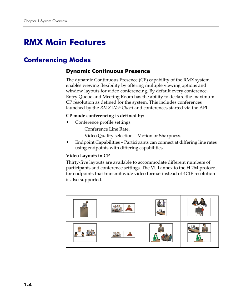 Rmx main features, Conferencing modes, Dynamic continuous presence | Rmx main features -4, Conferencing modes -4, Dynamic continuous presence -4 | Polycom DOC2560C User Manual | Page 14 / 188