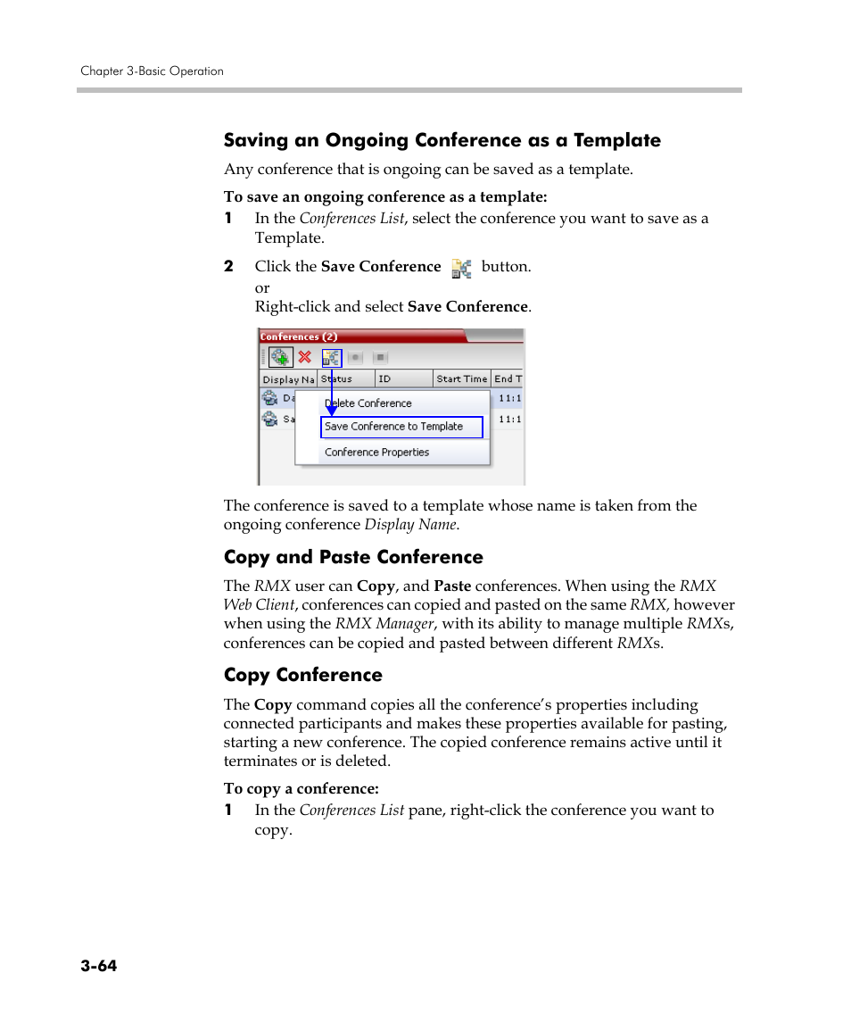 Saving an ongoing conference as a template, Copy and paste conference, Copy conference | Polycom DOC2560C User Manual | Page 142 / 188