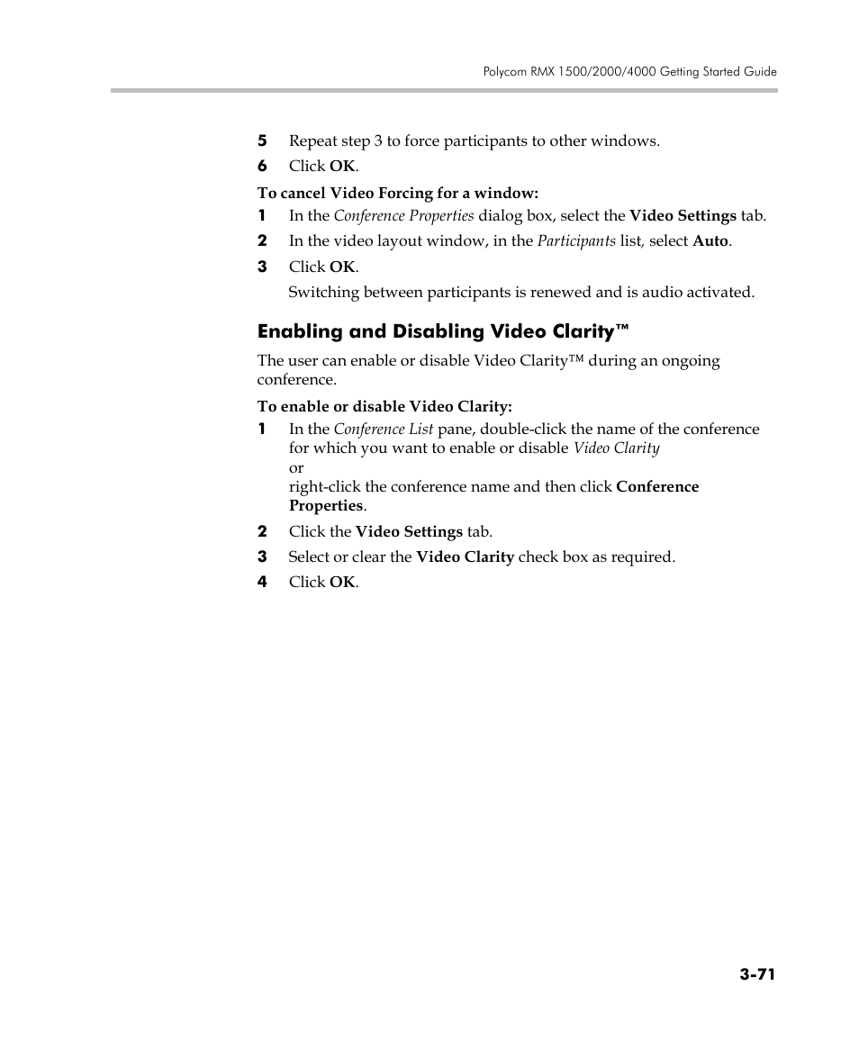 Enabling and disabling video clarity, Enabling and disabling video clarity™ -71 | Polycom DOC2560C User Manual | Page 149 / 188