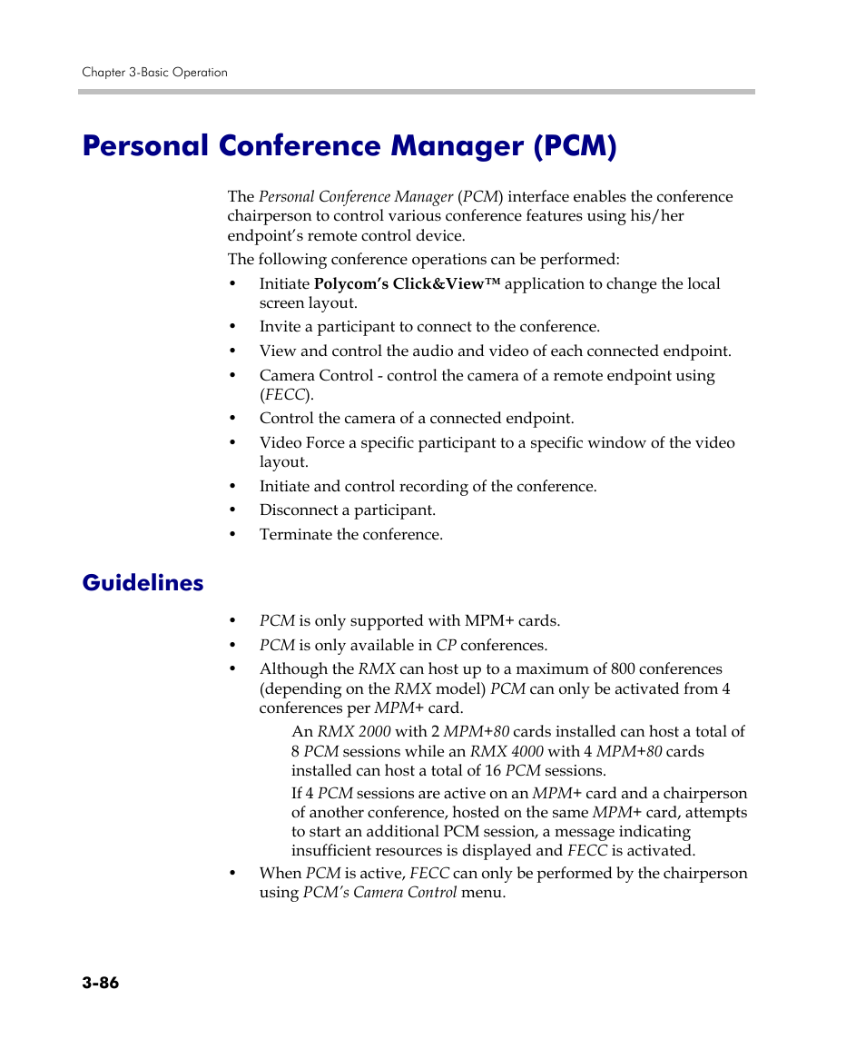 Personal conference manager (pcm), Guidelines, Personal conference manager (pcm) -86 | Guidelines -86 | Polycom DOC2560C User Manual | Page 164 / 188