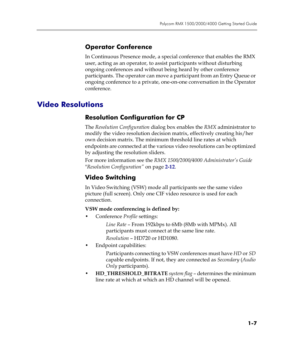 Operator conference, Video resolutions, Resolution configuration for cp | Video switching, Operator conference -7, Video resolutions -7 | Polycom DOC2560C User Manual | Page 17 / 188