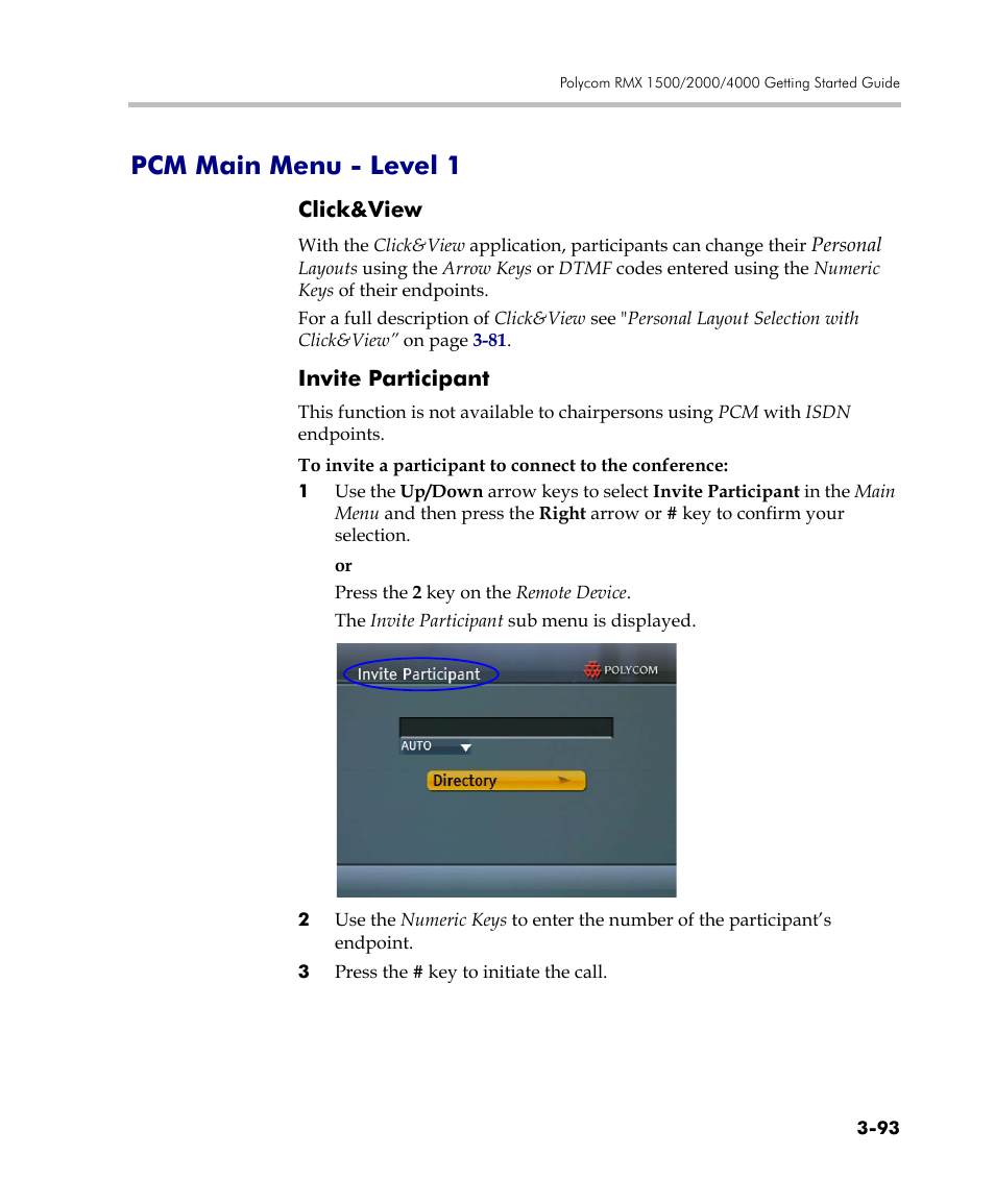 Pcm main menu - level 1, Click&view, Invite participant | Pcm main menu - level 1 -93, Click&view -93 invite participant -93 | Polycom DOC2560C User Manual | Page 171 / 188