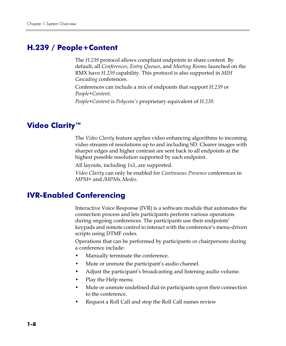 H.239 / people+content, Video clarity, Ivr-enabled conferencing | Polycom DOC2560C User Manual | Page 18 / 188