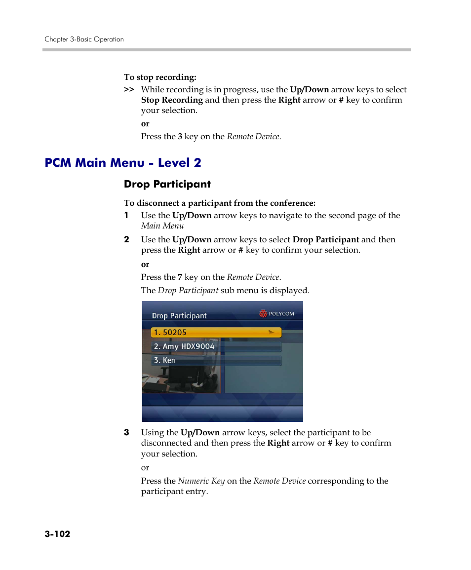Pcm main menu - level 2, Drop participant, Pcm main menu - level 2 -102 | Drop participant -102 | Polycom DOC2560C User Manual | Page 180 / 188