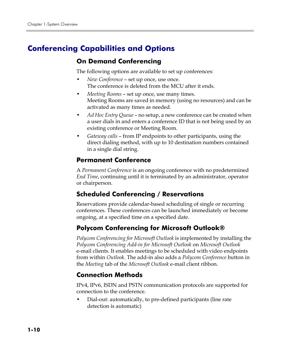 Conferencing capabilities and options, On demand conferencing, Permanent conference | Scheduled conferencing / reservations, Polycom conferencing for microsoft outlook, Connection methods, Conferencing capabilities and options -10 | Polycom DOC2560C User Manual | Page 20 / 188