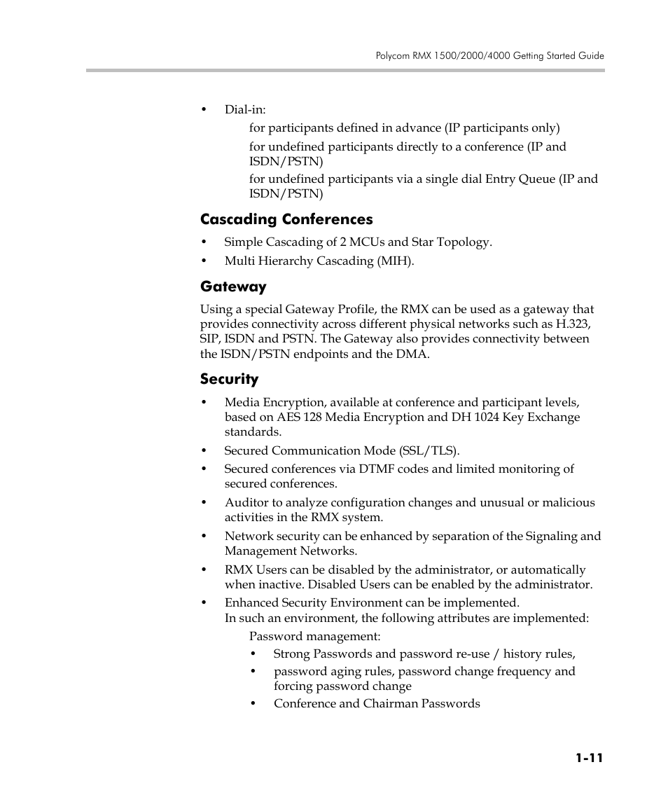 Cascading conferences, Gateway, Security | Cascading conferences -11 gateway -11 security -11 | Polycom DOC2560C User Manual | Page 21 / 188