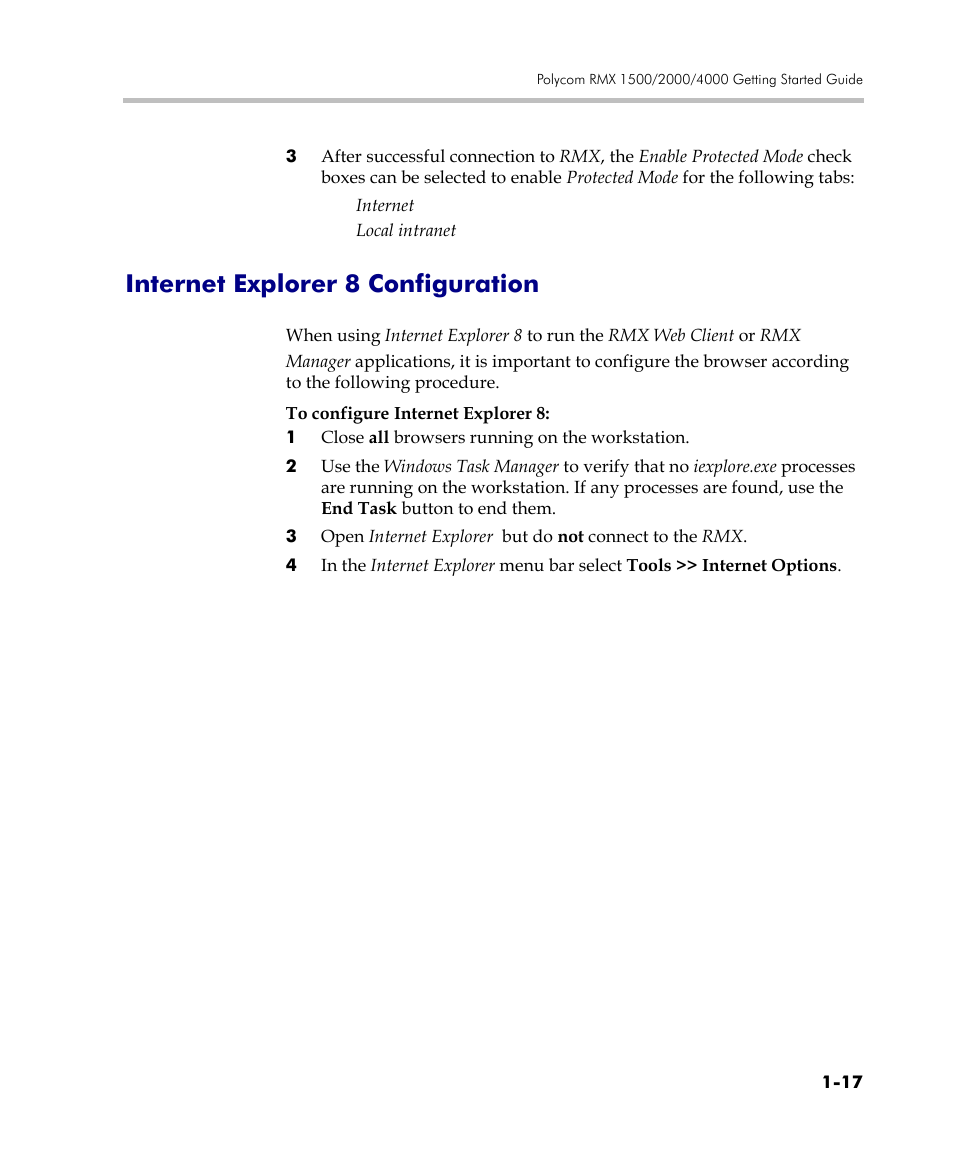 Internet explorer 8 configuration, Internet explorer 8 configuration -17 | Polycom DOC2560C User Manual | Page 27 / 188