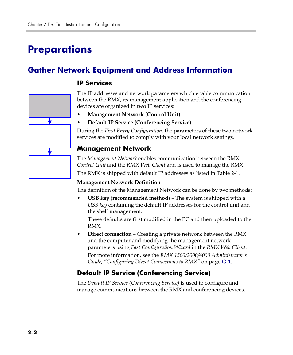 Preparations, Gather network equipment and address information, Ip services | Management network, Default ip service (conferencing service), Preparations -2 | Polycom DOC2560C User Manual | Page 34 / 188