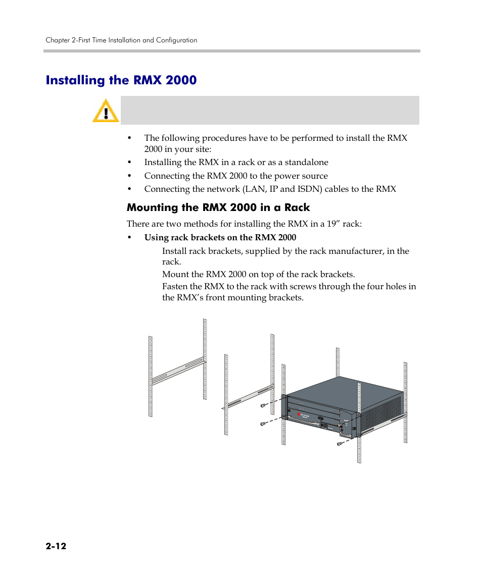 Installing the rmx 2000, Mounting the rmx 2000 in a rack, Installing the rmx 2000 -12 | Mounting the rmx 2000 in a rack -12 | Polycom DOC2560C User Manual | Page 44 / 188