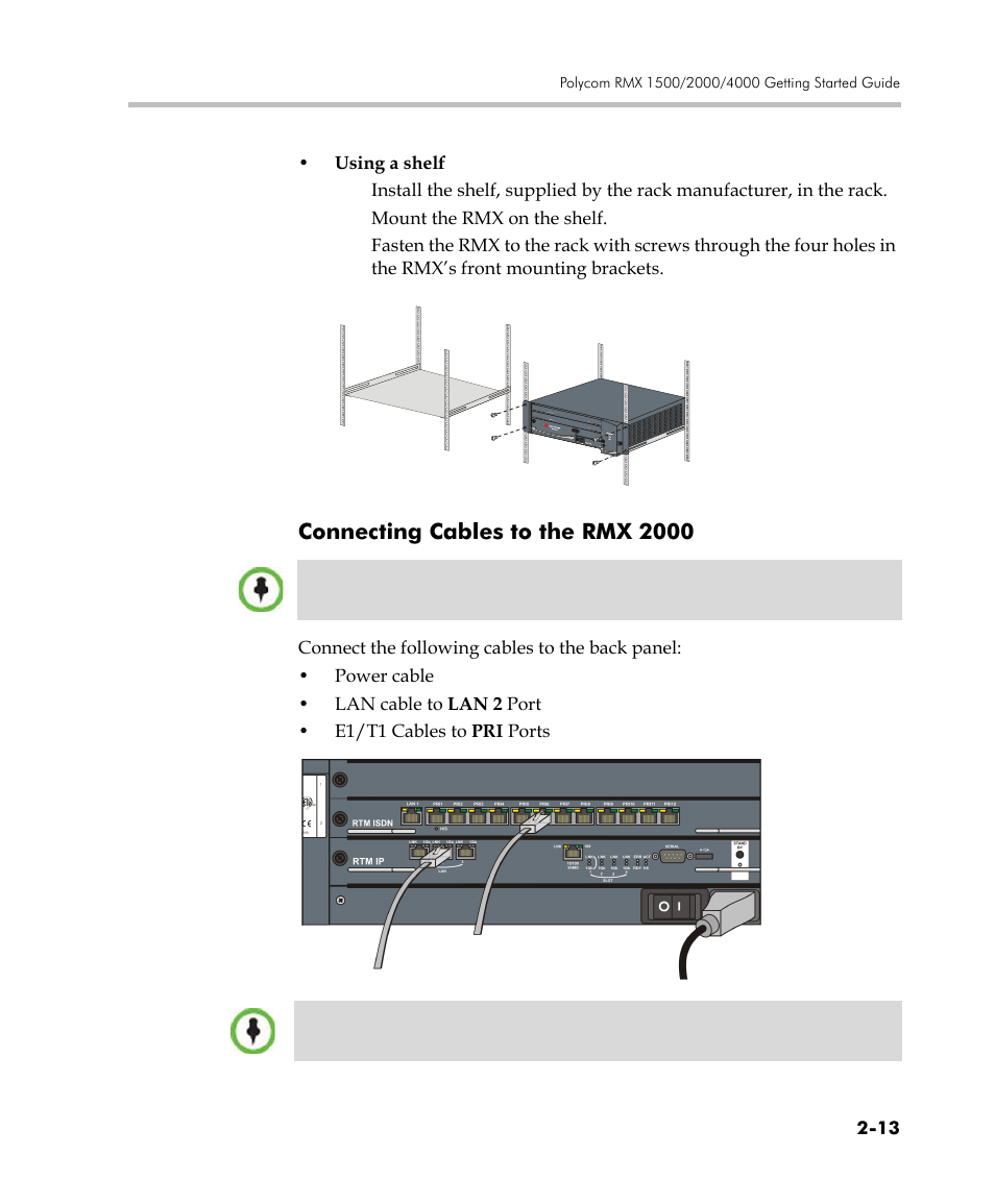 Connecting cables to the rmx 2000, Connecting cables to the rmx 2000 -13 | Polycom DOC2560C User Manual | Page 45 / 188