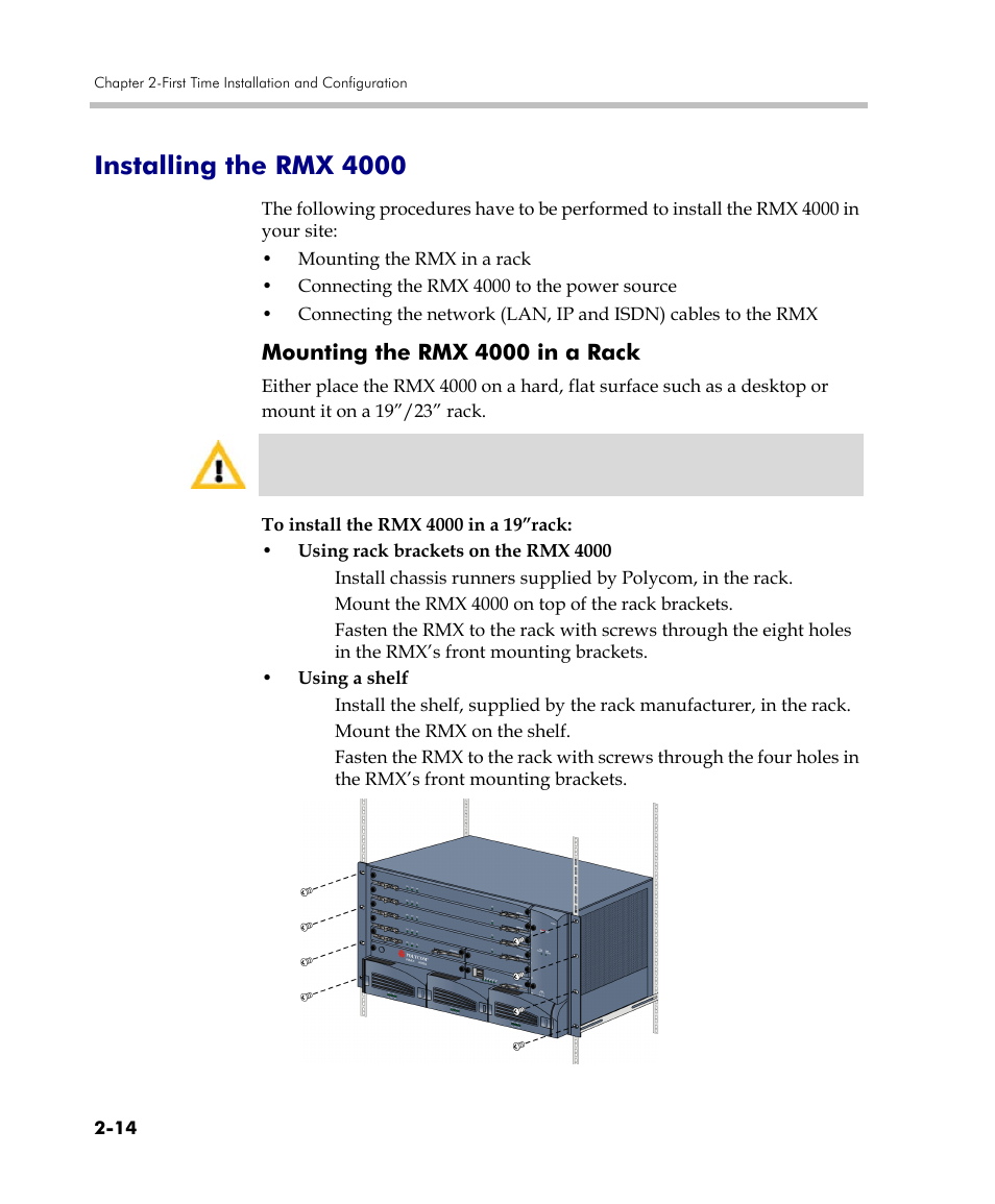 Installing the rmx 4000, Mounting the rmx 4000 in a rack, Installing the rmx 4000 -14 | Mounting the rmx 4000 in a rack -14 | Polycom DOC2560C User Manual | Page 46 / 188