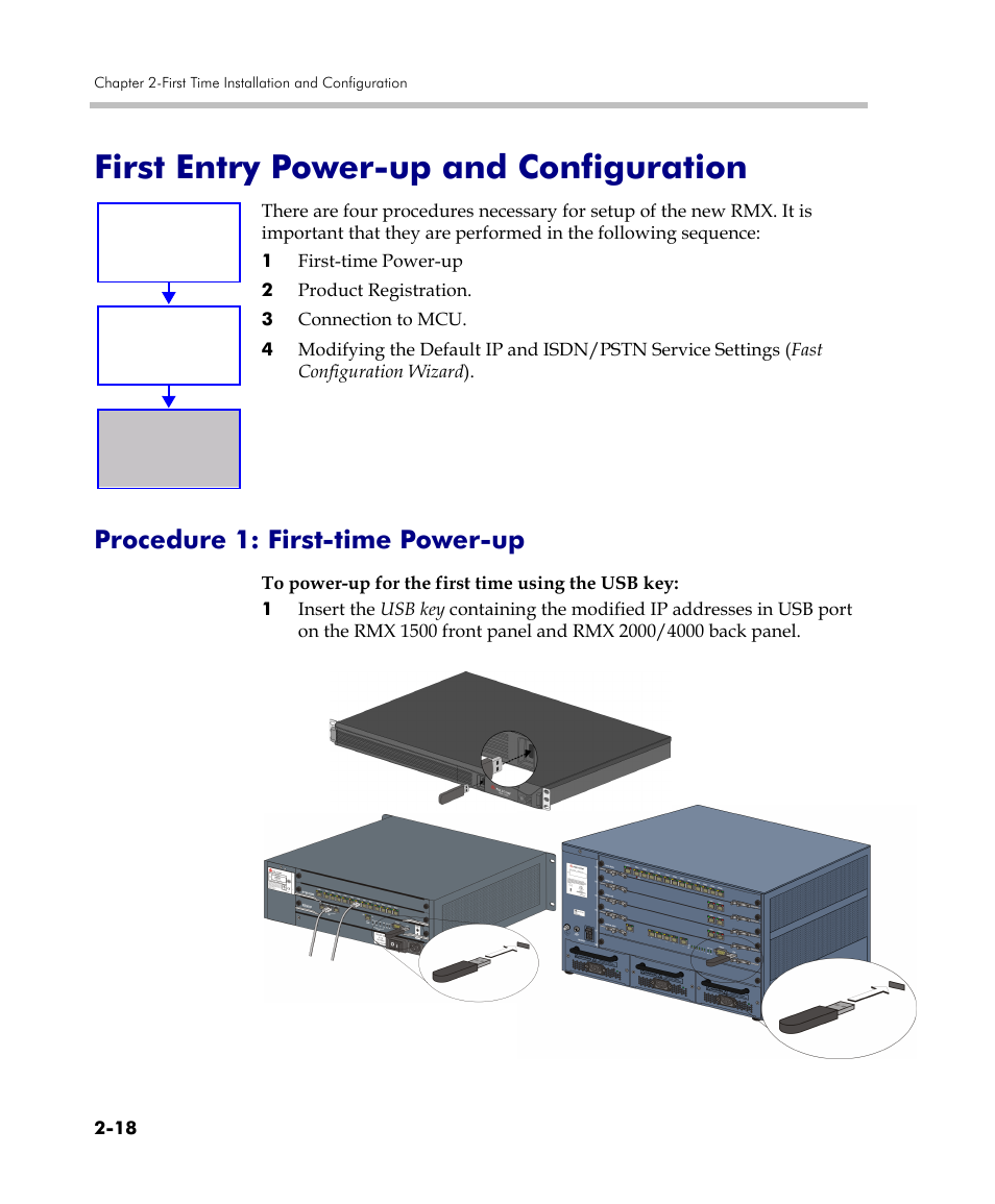 First entry power-up and configuration, Procedure 1: first-time power-up, First entry power-up and configuration -18 | Procedure 1: first-time power-up -18 | Polycom DOC2560C User Manual | Page 50 / 188