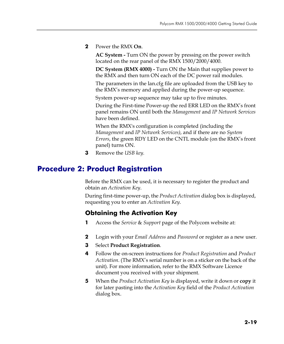 Procedure 2: product registration, Obtaining the activation key, Procedure 2: product registration -19 | Obtaining the activation key -19 | Polycom DOC2560C User Manual | Page 51 / 188