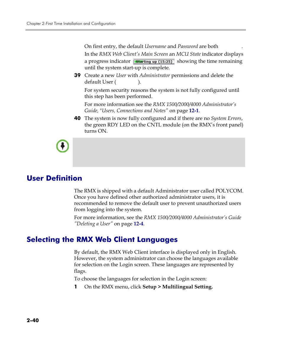 User definition, Selecting the rmx web client languages | Polycom DOC2560C User Manual | Page 72 / 188