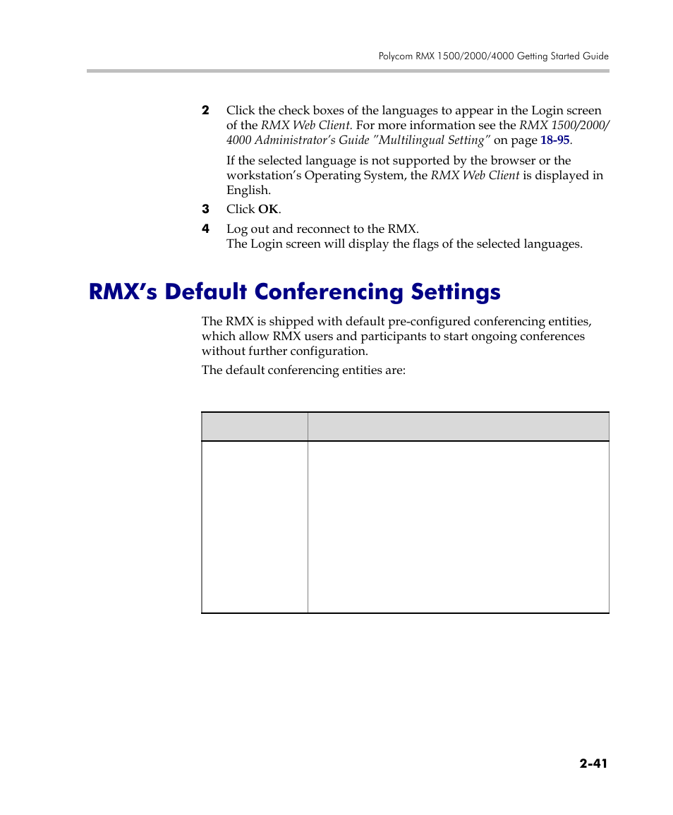 Rmx’s default conferencing settings, Rmx’s default conferencing settings -41 | Polycom DOC2560C User Manual | Page 73 / 188