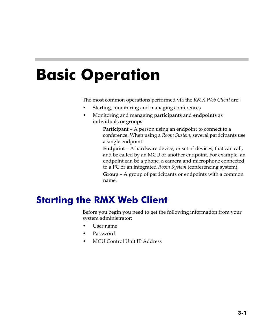 Basic operation, Starting the rmx web client, Basic operation -1 | Starting the rmx web client -1 | Polycom DOC2560C User Manual | Page 79 / 188