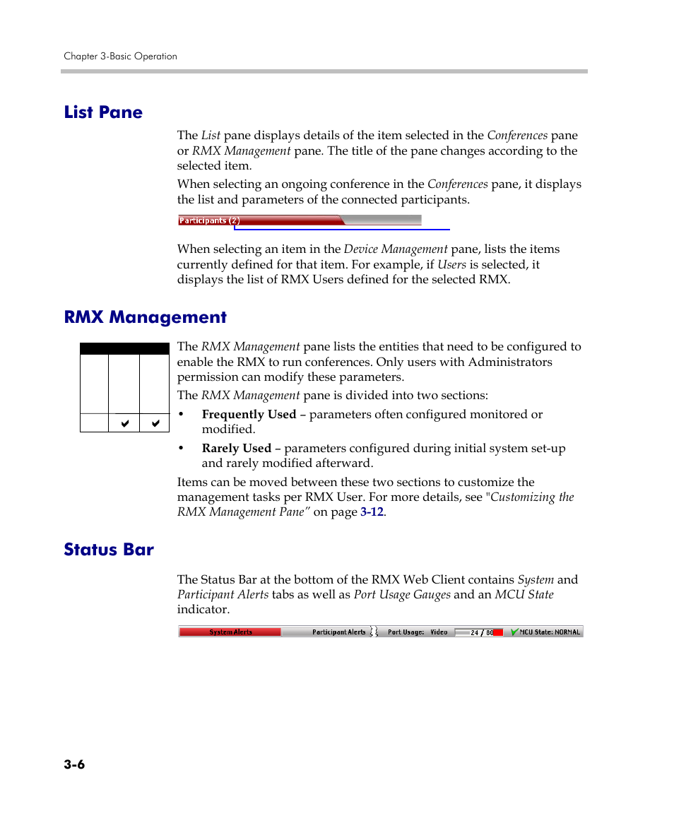 List pane, Rmx management, Status bar | List pane -6 rmx management -6 status bar -6 | Polycom DOC2560C User Manual | Page 84 / 188