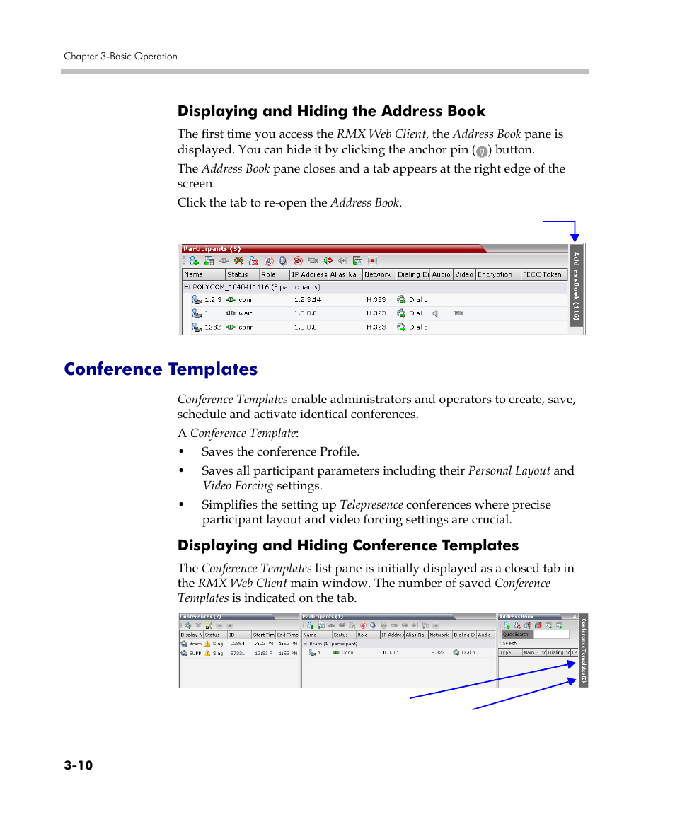 Displaying and hiding the address book, Conference templates, Displaying and hiding conference templates | Displaying and hiding the address book -10, Conference templates -10, Displaying and hiding conference templates -10 | Polycom DOC2560C User Manual | Page 88 / 188