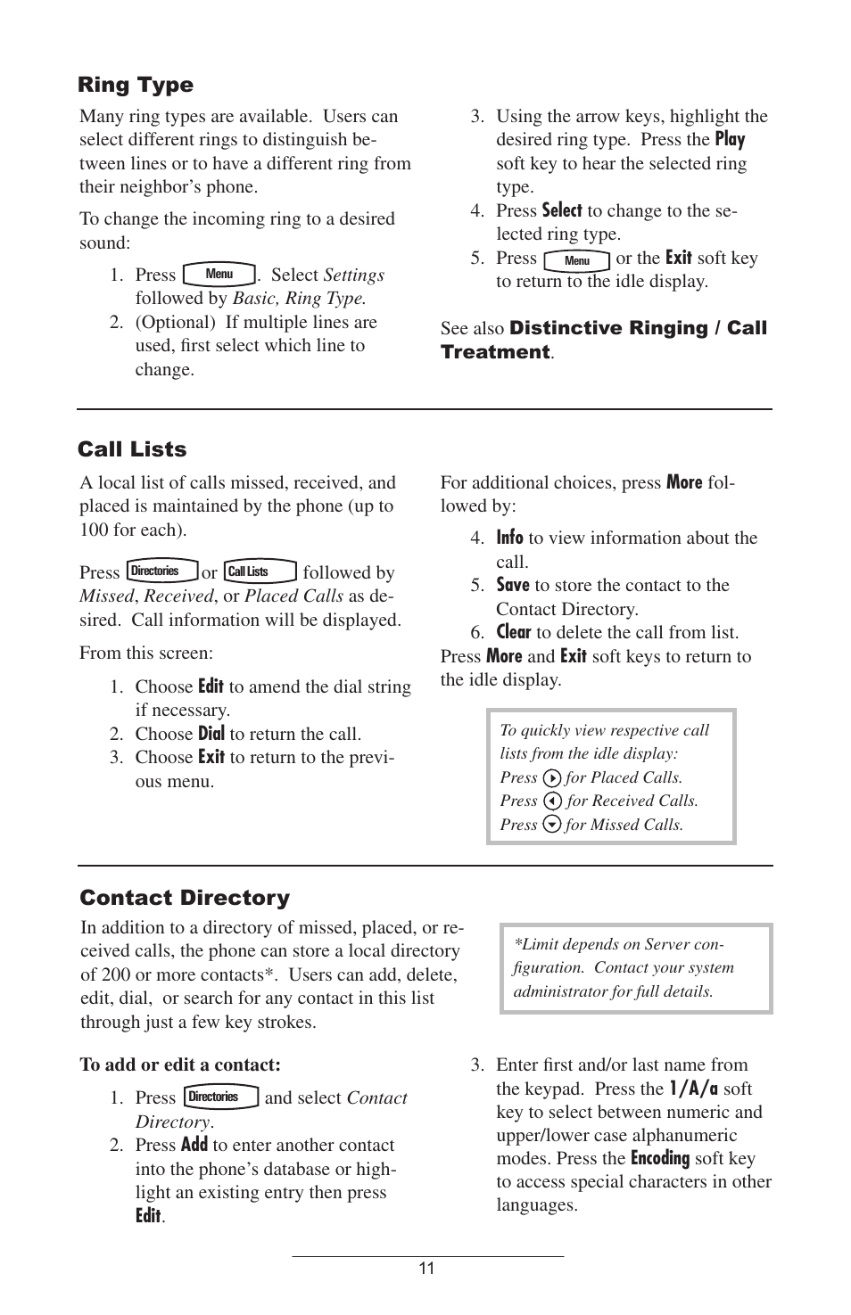 Ring type, Call lists, Directory | Contact directory | Polycom SoundPoint IP 501 SIP User Manual | Page 14 / 28