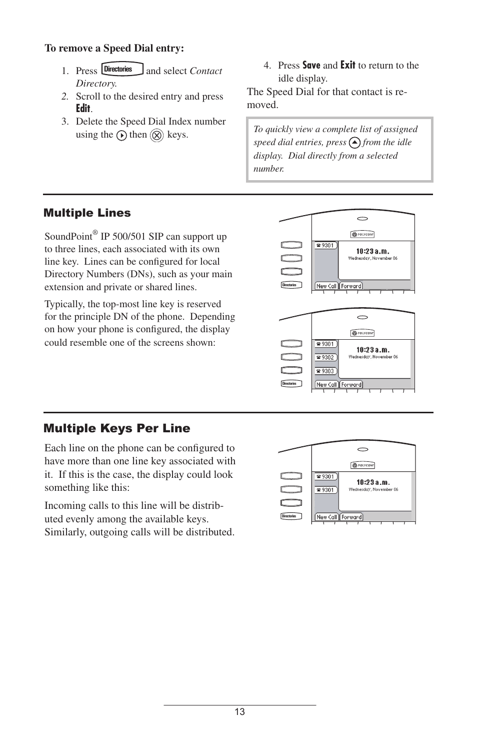 Multiple lines, Multiple keys per line, Edit | Exit, The speed dial for that contact is re- moved, Press, Delete the speed dial index number using the, Then, Keys. 4. press save and, Soundpoint | Polycom SoundPoint IP 501 SIP User Manual | Page 16 / 28