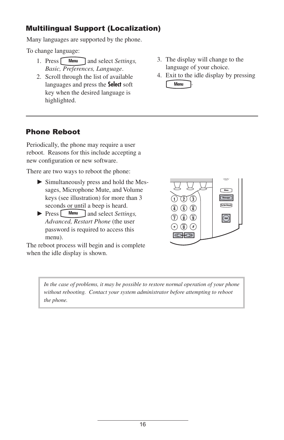 Multilingual support (localization), Phone reboot | Polycom SoundPoint IP 501 SIP User Manual | Page 19 / 28