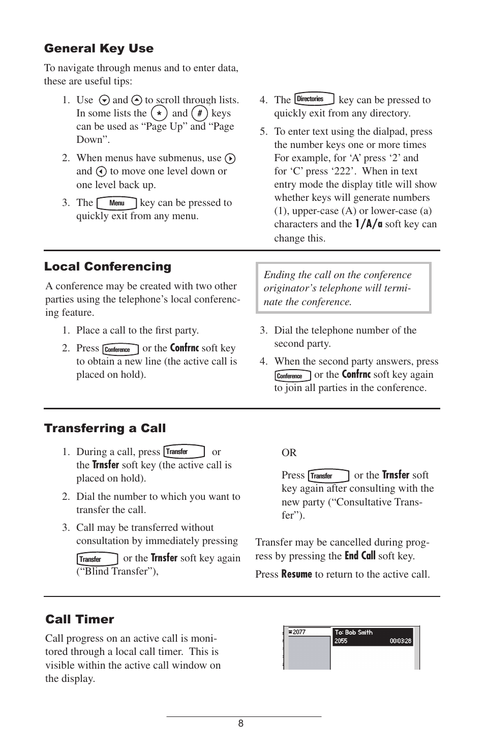 General key use, Local conferencing, Transferring a call | Call timer | Polycom IP 600 SIP User Manual | Page 11 / 27