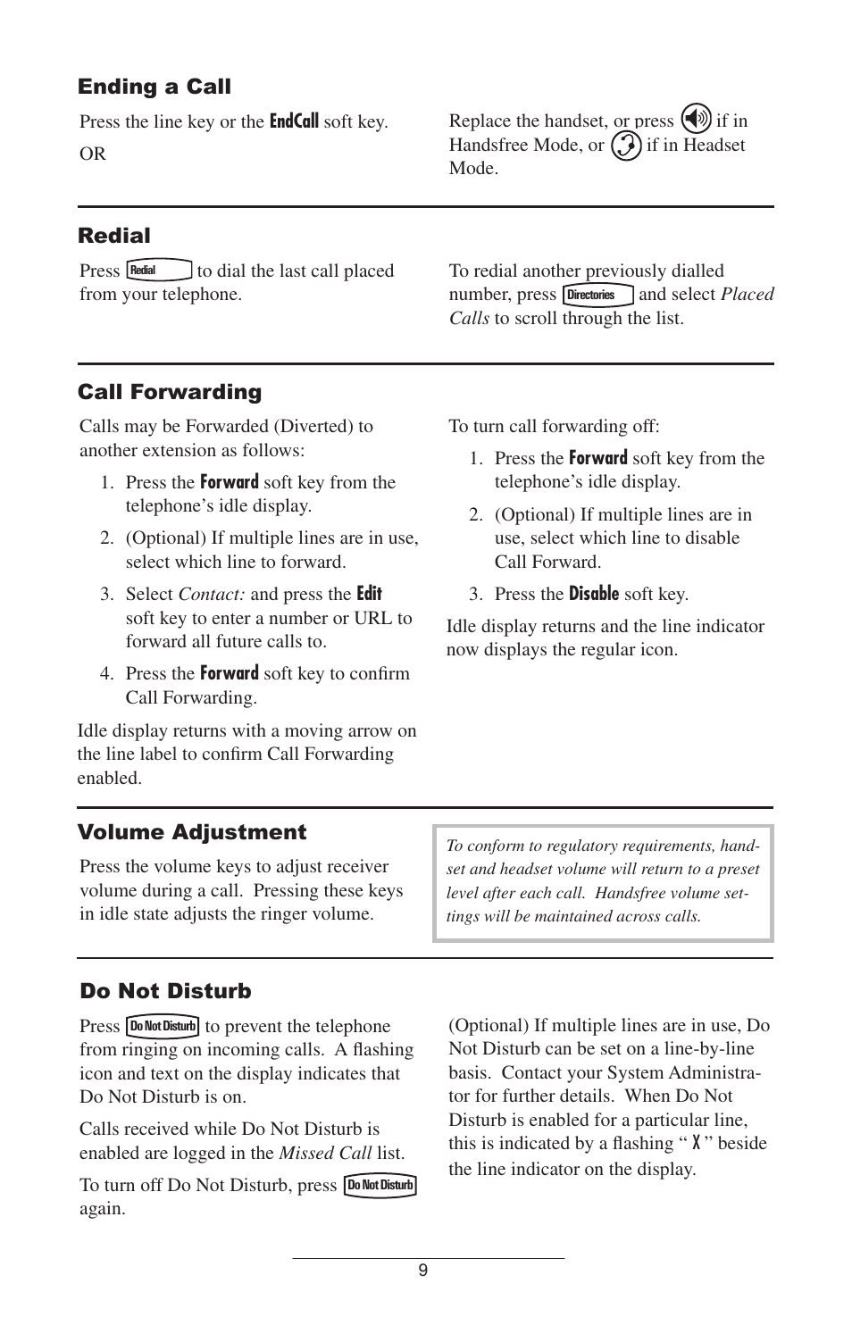 Ending a call, Redial, Call forwarding | Volume adjustment, Do not disturb | Polycom IP 600 SIP User Manual | Page 12 / 27
