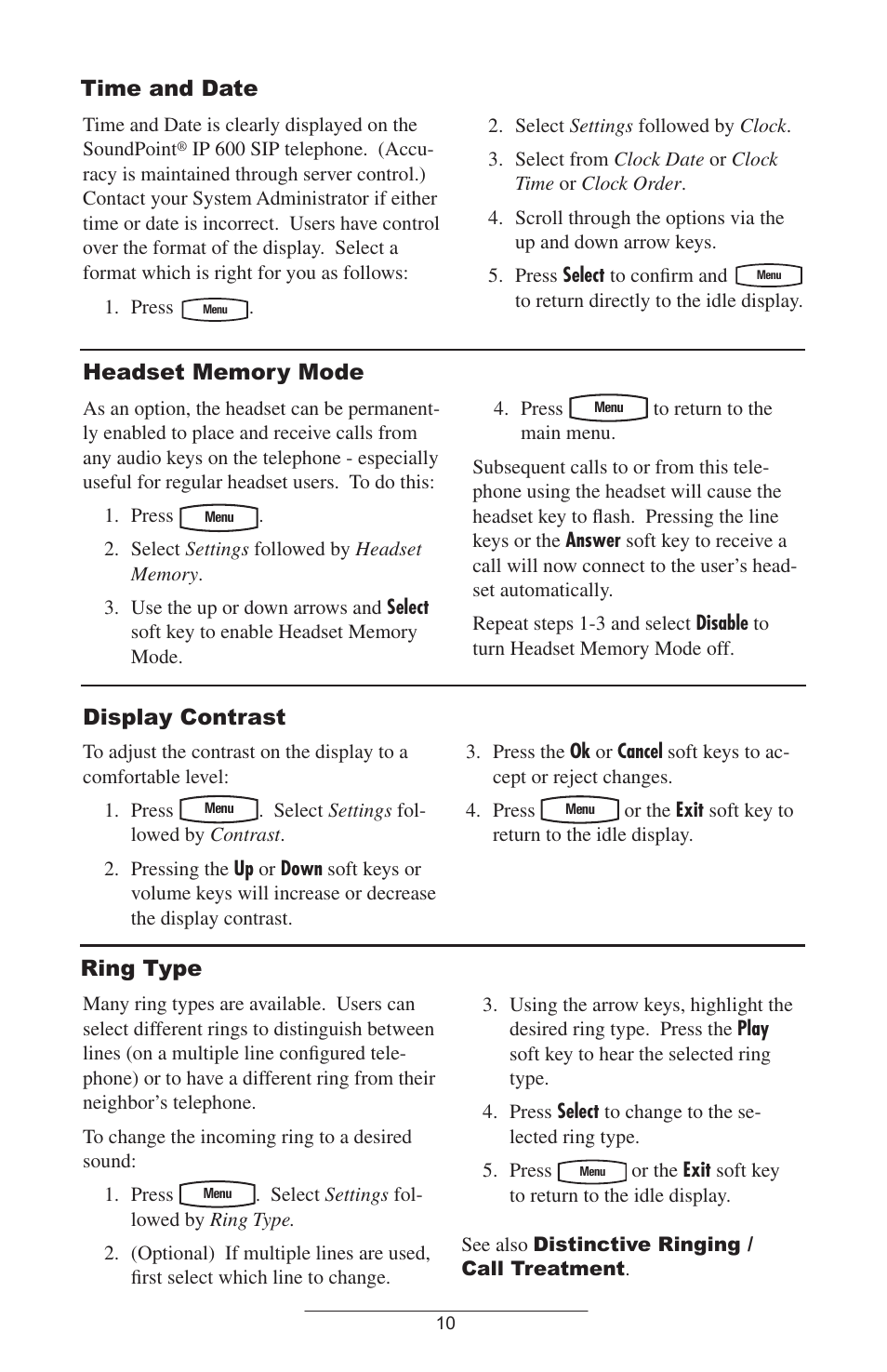 Time and date, Headset memory mode, Display contrast | Ring type | Polycom IP 600 SIP User Manual | Page 13 / 27