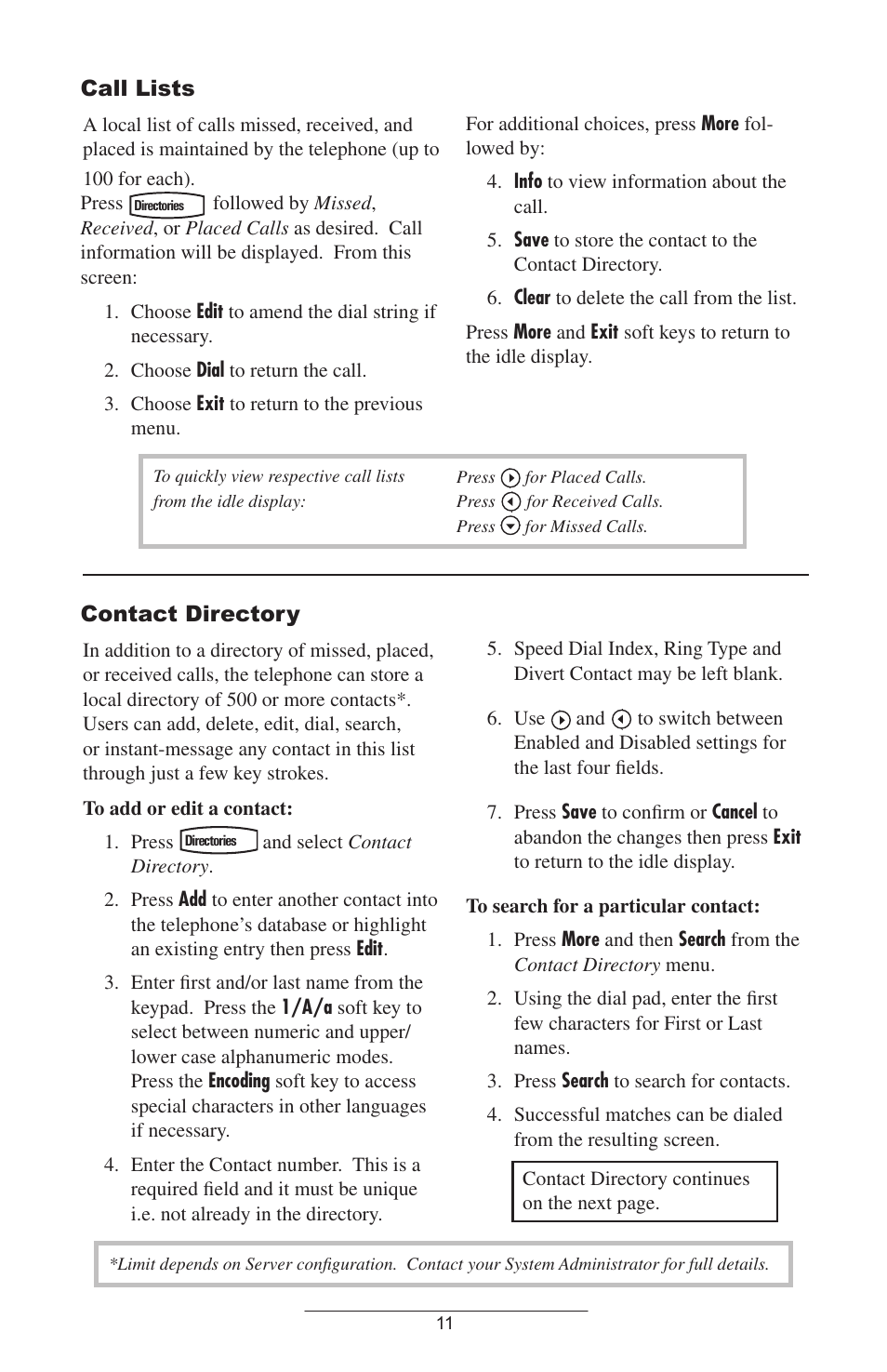 Call lists, Directory, Contact directory | Polycom IP 600 SIP User Manual | Page 14 / 27