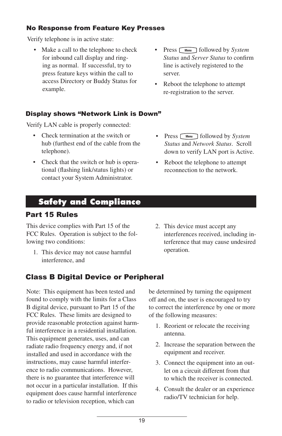 Safety and compliance, Part 15 rules, Class b digital device or peripheral | Polycom IP 600 SIP User Manual | Page 22 / 27