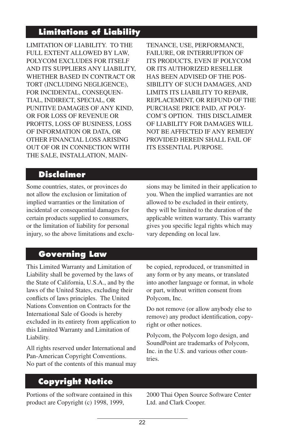 Limitations of liability, Disclaimer, Governing law | Copyright notice, Limitations of liability disclaimer governing law | Polycom IP 600 SIP User Manual | Page 25 / 27
