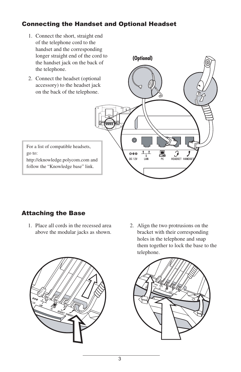 Connecting the handset and optional headset, Attaching the base | Polycom IP 600 SIP User Manual | Page 6 / 27