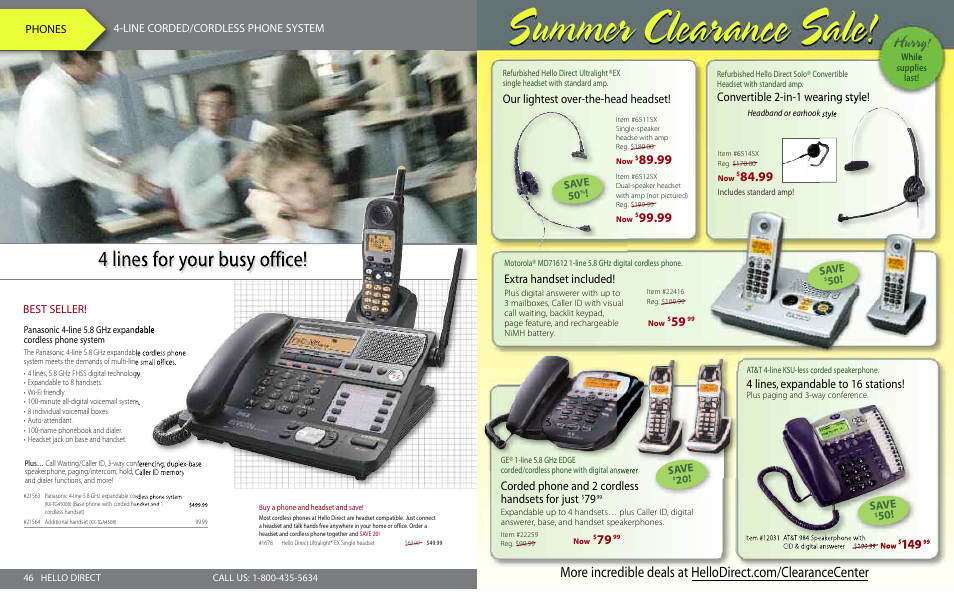 Summer clearance sale, 4 lines for your busy office, Hurry | Corded phone and 2 cordless handsets for just, Our lightest over-the-head headset, Extra handset included, Convertible 2-in-1 wearing style, 4 lines, expandable to 16 stations, Save | Polycom SoundStation VTX 1000 User Manual | Page 9 / 9