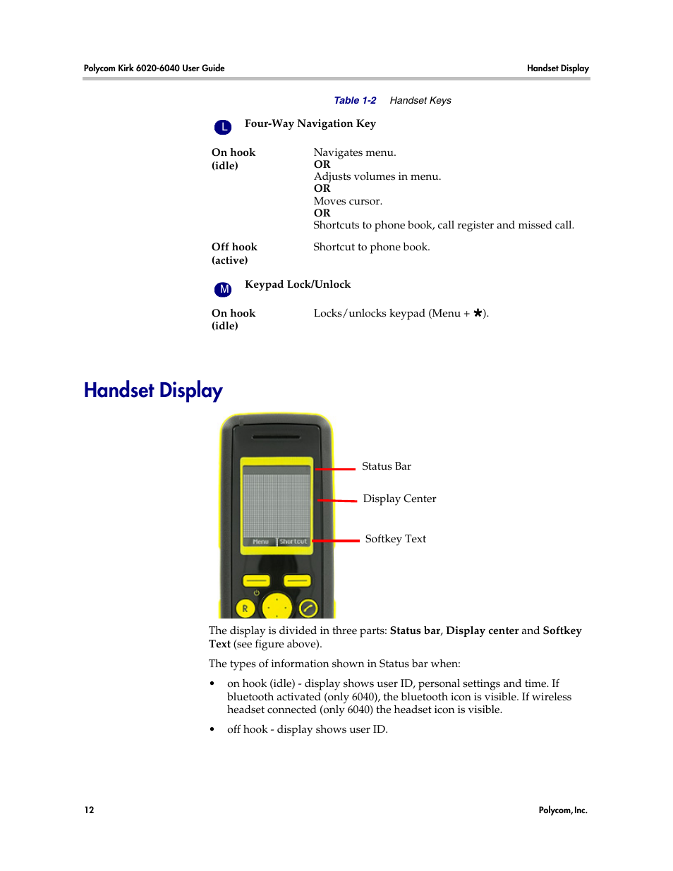 Handset display | Polycom KIRK 6040 User Manual | Page 11 / 83