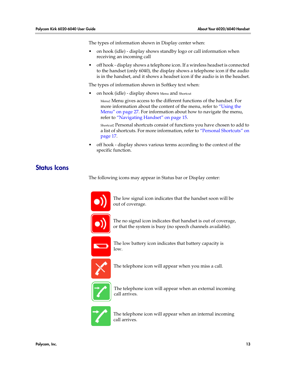 Status icons | Polycom KIRK 6040 User Manual | Page 12 / 83