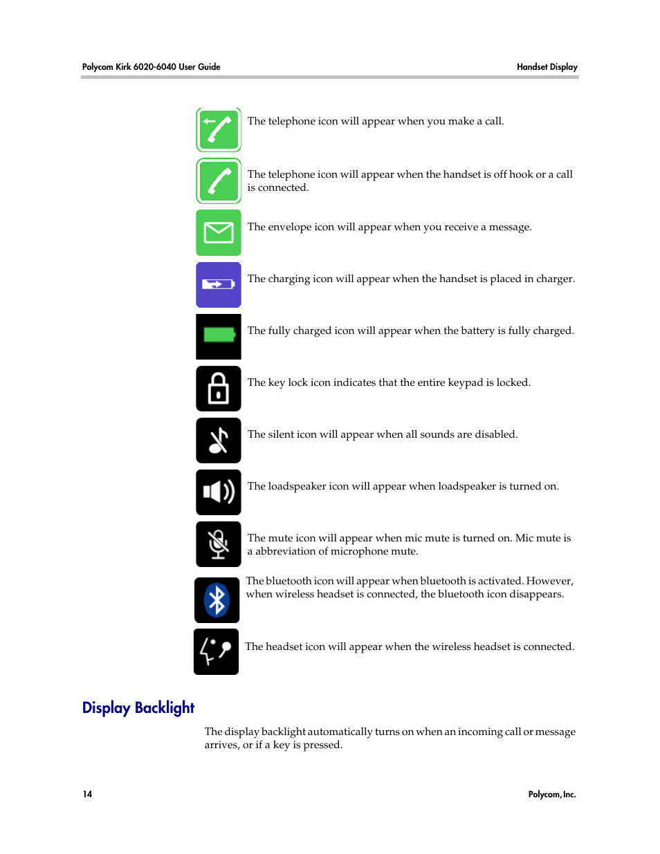 Display backlight | Polycom KIRK 6040 User Manual | Page 13 / 83
