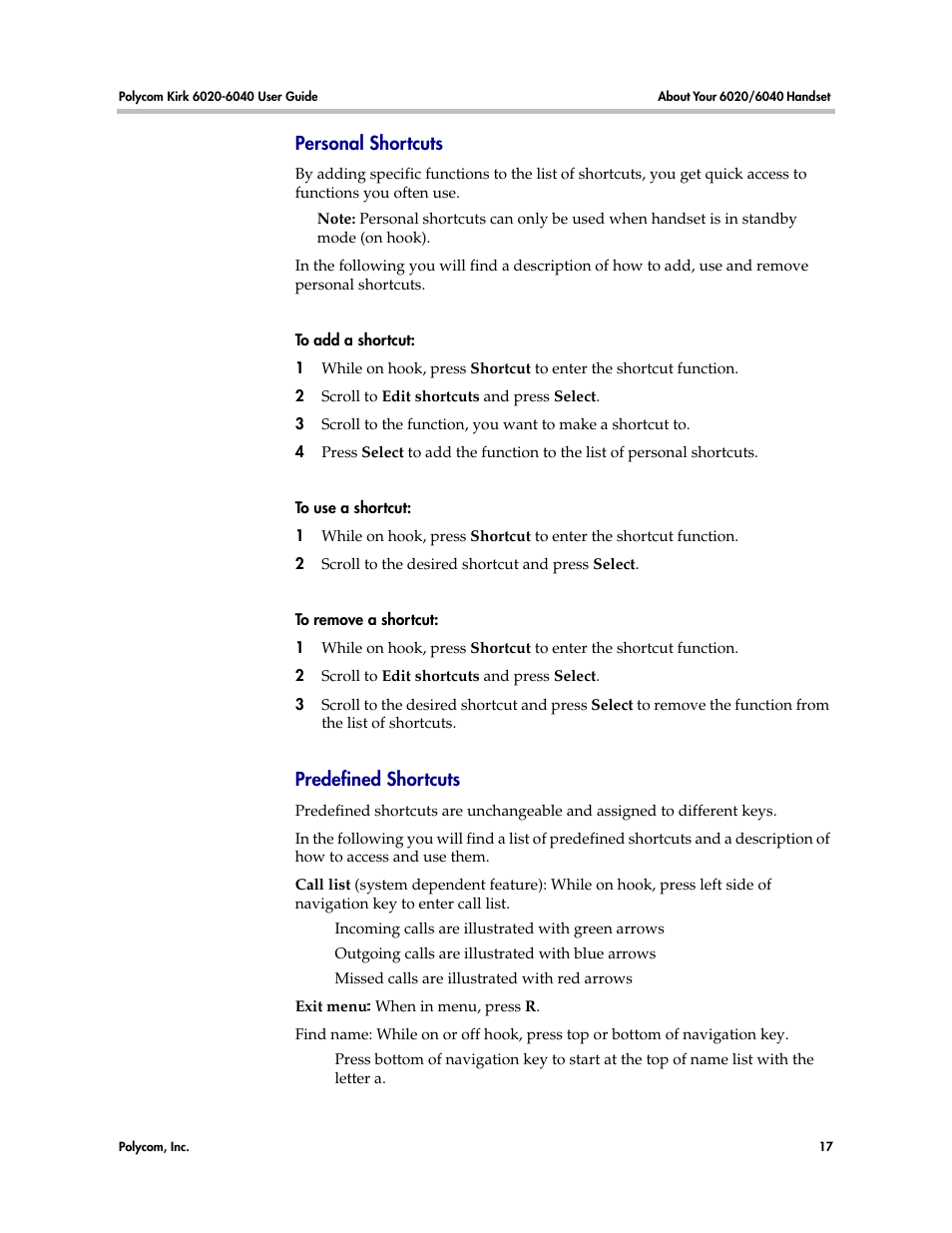 Personal shortcuts, Predefined shortcuts, Personal shortcuts predefined shortcuts | Personal shortcuts” on | Polycom KIRK 6040 User Manual | Page 16 / 83