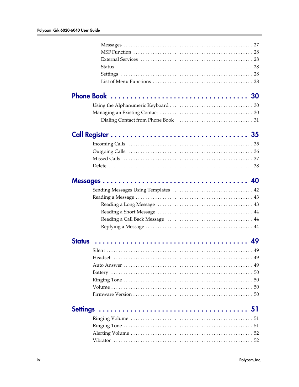 Phone book, Call register, Messages | Status, Settings | Polycom KIRK 6040 User Manual | Page 4 / 83