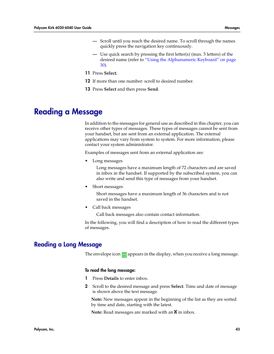 Reading a message, Reading a long message | Polycom KIRK 6040 User Manual | Page 42 / 83