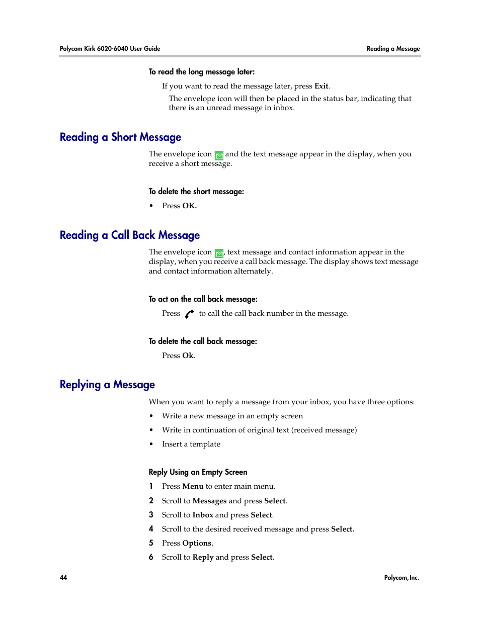 Reading a short message, Reading a call back message, Replying a message | Polycom KIRK 6040 User Manual | Page 43 / 83