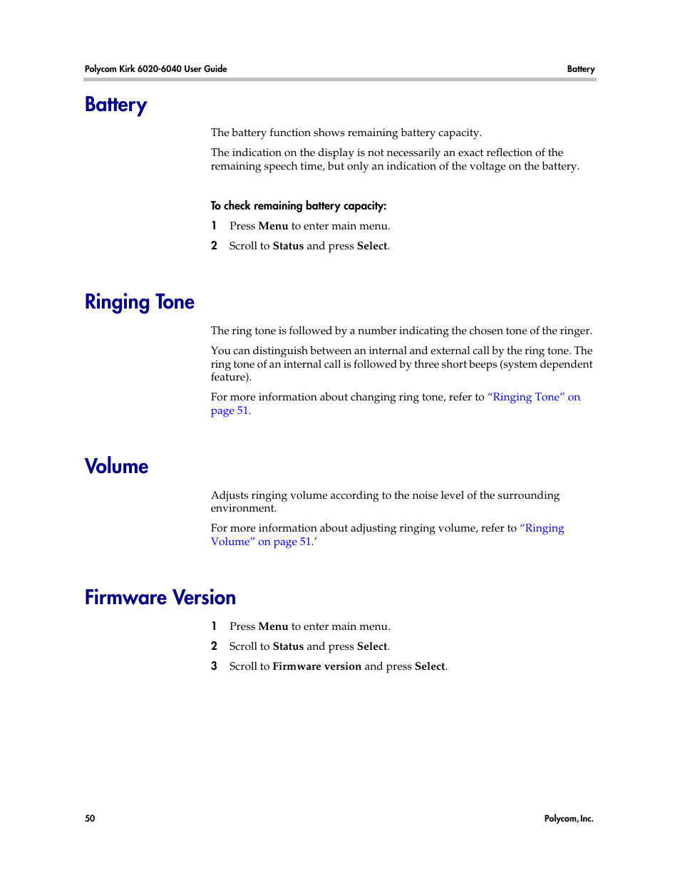 Battery, Ringing tone, Volume | Firmware version, Battery ringing tone volume firmware version | Polycom KIRK 6040 User Manual | Page 49 / 83