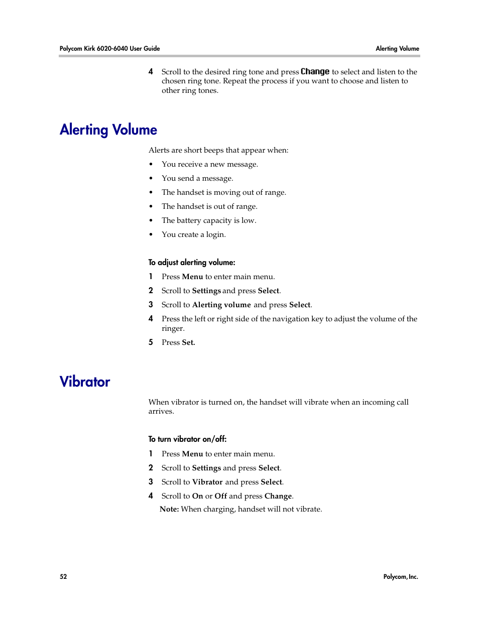 Alerting volume, Vibrator, Alerting volume vibrator | Polycom KIRK 6040 User Manual | Page 51 / 83