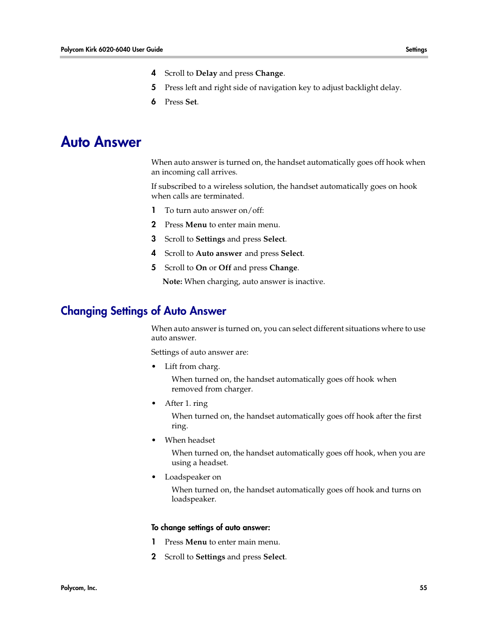 Auto answer, Changing settings of auto answer, Auto | Polycom KIRK 6040 User Manual | Page 54 / 83