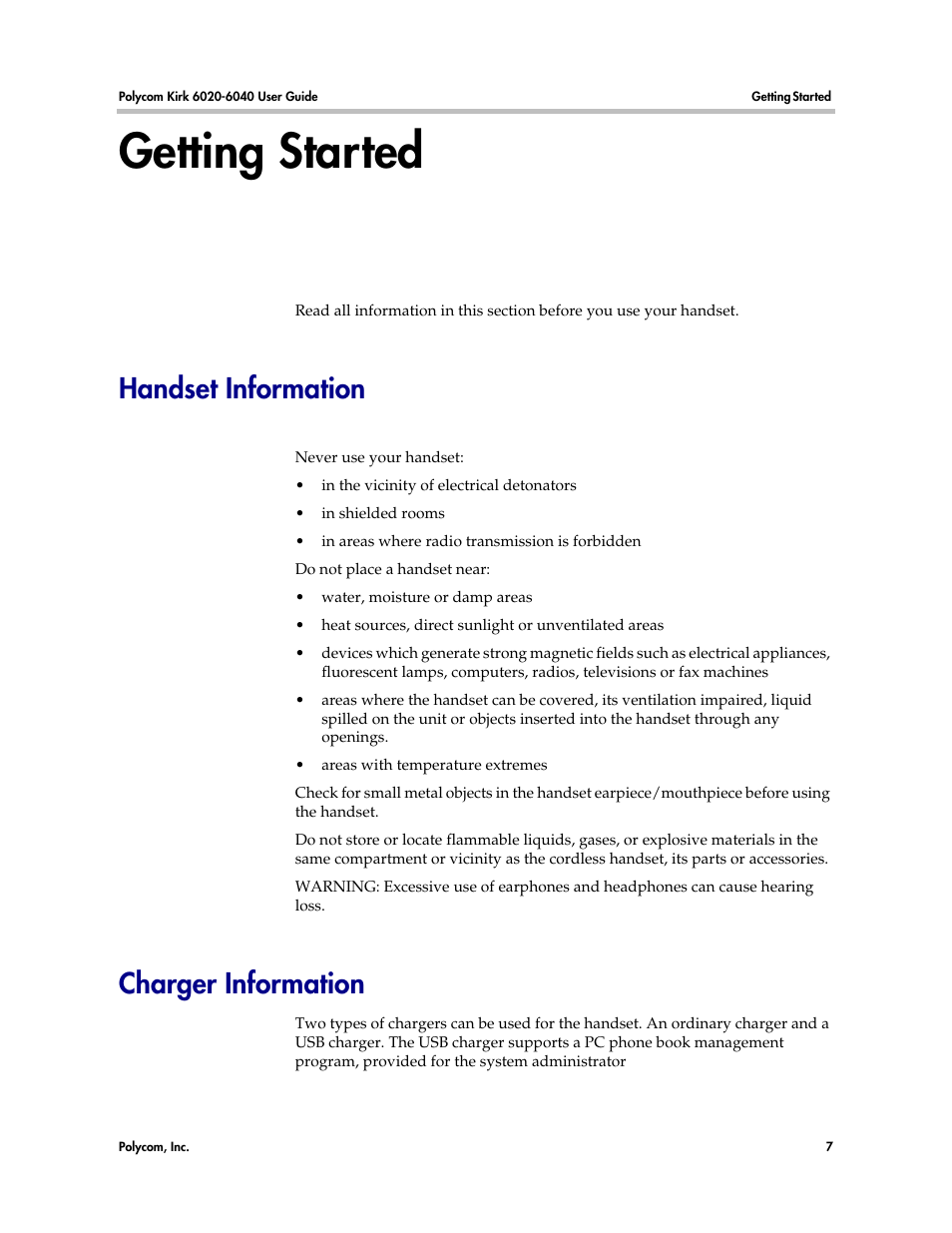 Getting started, Handset information, Charger information | Handset information charger information | Polycom KIRK 6040 User Manual | Page 6 / 83