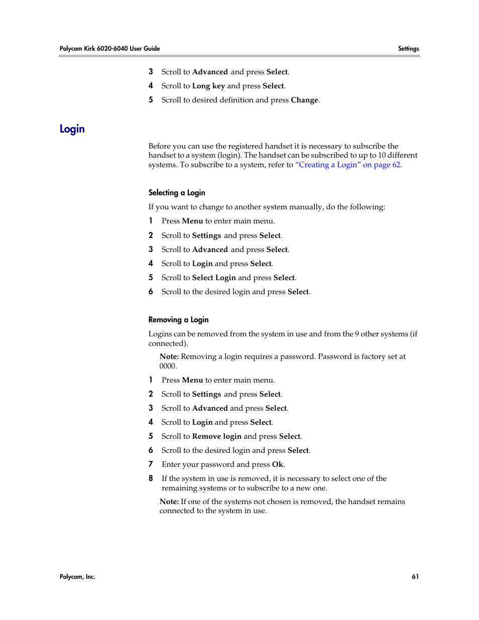 Login | Polycom KIRK 6040 User Manual | Page 60 / 83