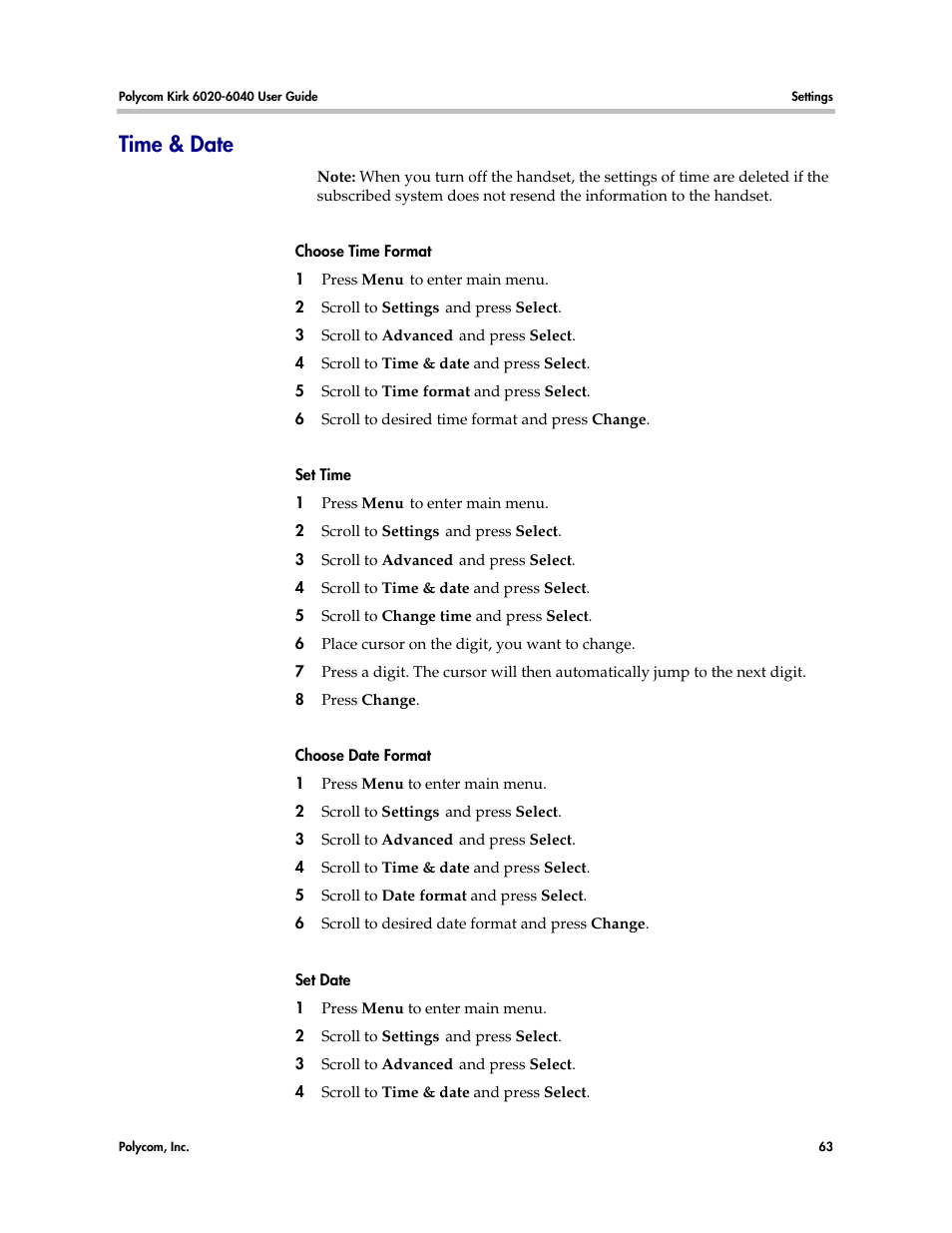 Time & date | Polycom KIRK 6040 User Manual | Page 62 / 83