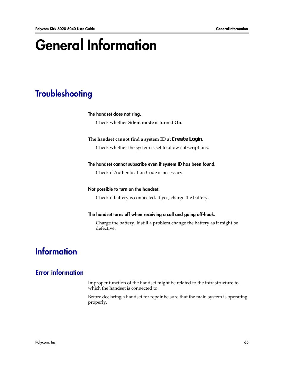 General information, Troubleshooting, Information | Error information, Troubleshooting information | Polycom KIRK 6040 User Manual | Page 64 / 83